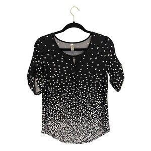 Per Seption Petite PM Black White Geometric Blouse Roll Tab 3/4 Sleeve Top